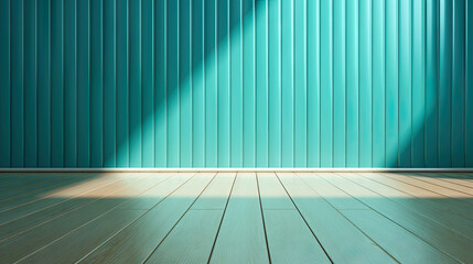  empty room with Turquoise wall and wooden floor, Turquoise corrugated wall background with shadow sunlight. A bright Turquoise room with a warm wooden floor and modern vertical blin