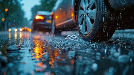 Rainy Road Aquaplaning. Experience of Rear Car Wheel Slipping on Wet Surface
