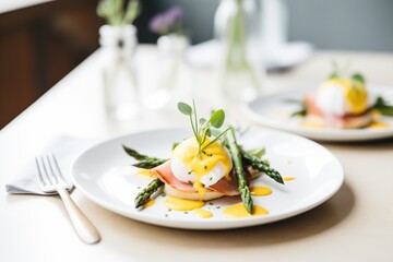 eggs benedict served with asparagus spears on the side