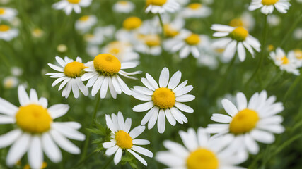 Obraz premium German chamomile flower wallpaper, Medicine plant wallpaper, Closed of Chamomile garden-field little yellowish-white flowers commonly called German chamomile daisy. One of the popular herbs.