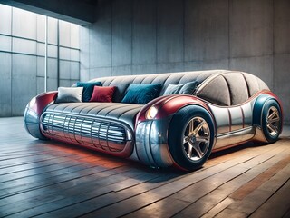 A sofa designed to look like a car