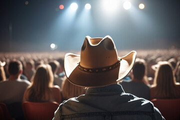 A fan of country music attends a concert in a cowboy hat - obrazy, fototapety, plakaty