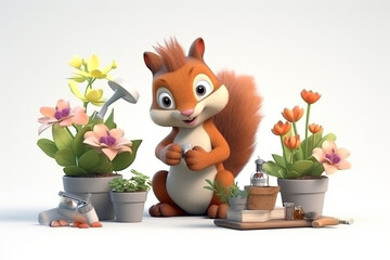 3D character cute squirrel taking care of plants