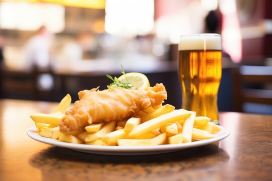 battered fish over chips with a pint of beer nearby
