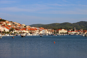 Obraz premium Promenade in Vela Luka, picturesque small town on island Korcula, Croatia.