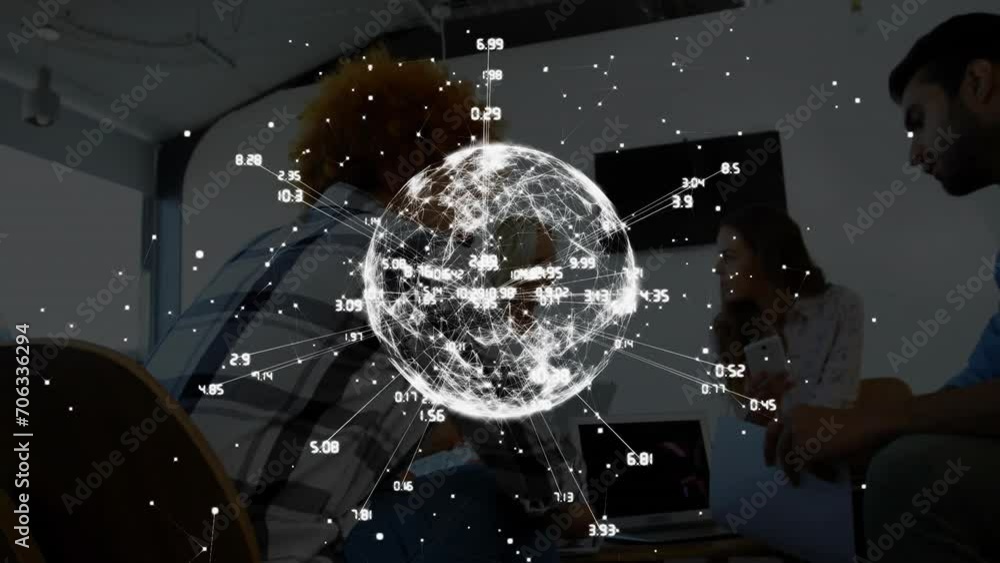 Poster animation of globe with data processing over diverse colleagues having meeting in office