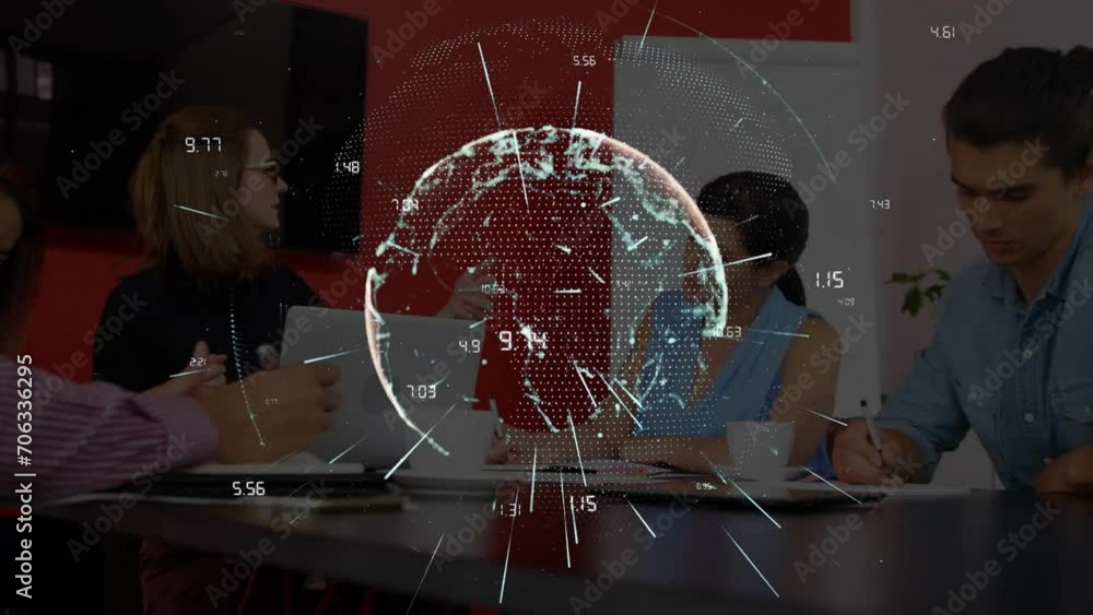 Poster animation of globe with data processing over diverse colleagues having meeting in office