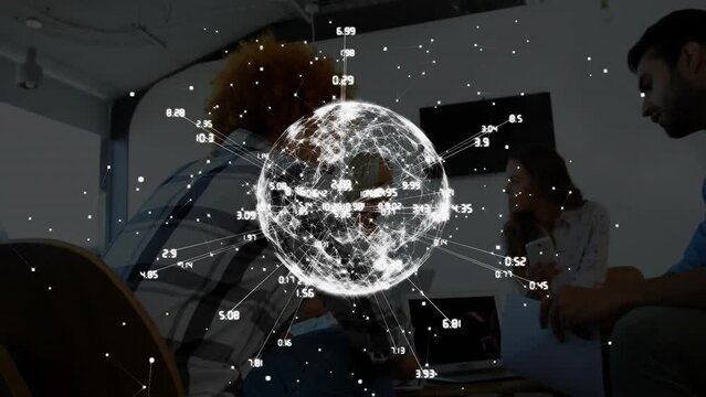 Animation of globe with data processing over diverse colleagues having meeting in office - Powered by Adobe