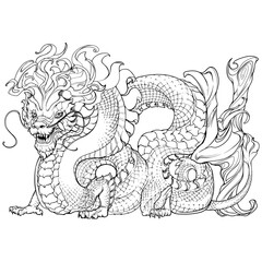 Chinese Dragon full body drawing. Zodiac symbol of the New Year 2024. Dragon body curved to form 2024. Hand-drawn line drawing isolated on a white background.