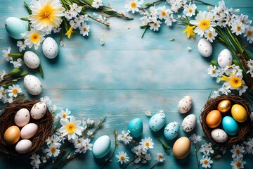 Naklejka na ściany i meble Spring Easter holiday top view flat lay background with eggs in nests and spring flowers. Greeting card background with copy space.-