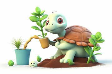 Cute turtle 3D character taking care of plants