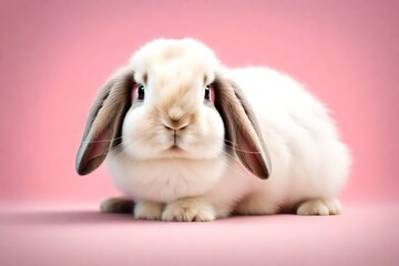 Front view of white cute baby holland lop rabbit standing on pink background. Lovely action of young rabbit.-