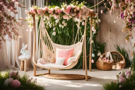Easter photo zone with floral decor and swing chair indoors-