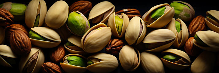 Background of pistachio nuts, displaying their textured surface. Top view