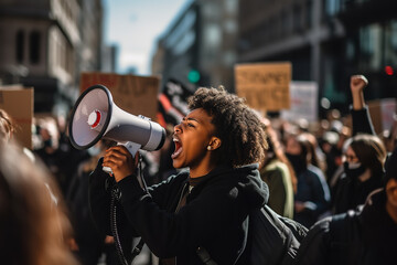 An image capturing the energy of a rally calling for racial equality and police reform - with a diverse crowd of protesters holding signs and chanting - obrazy, fototapety, plakaty