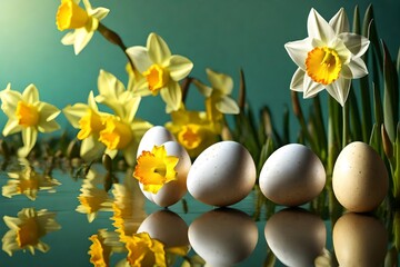 Naklejka na ściany i meble Easter eggs and daffodil flower on meadow