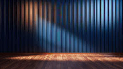 empty room with blue wall , wooden floor and spotlight,dark blue corrugated wall background with shadow sunlight. A bright blue room with a warm wooden floor and modern vertical blinds.  - obrazy, fototapety, plakaty