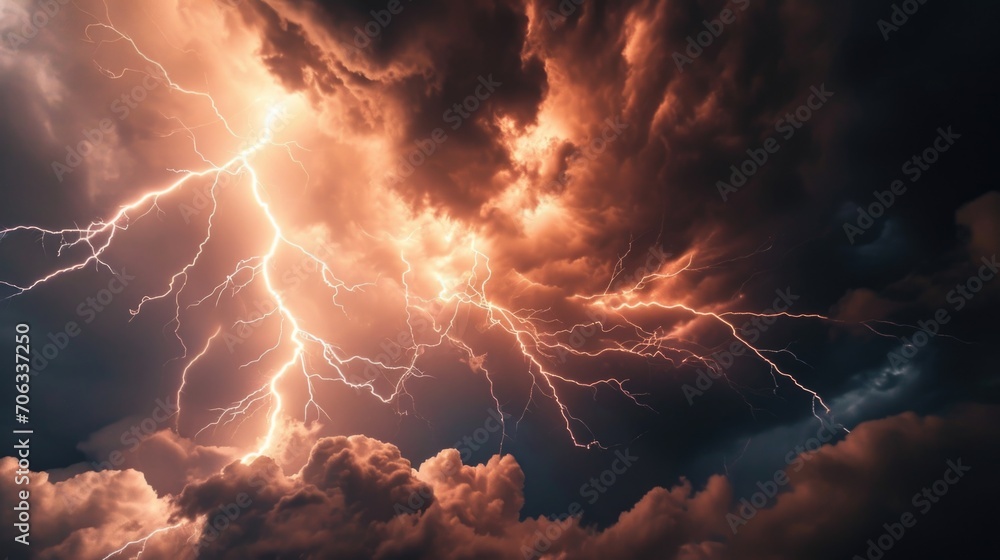 Poster A powerful lightning bolt pierces through the clouds in the sky. This image captures the intensity and energy of a thunderstorm.