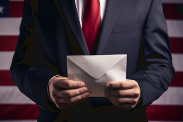 A man dressed in a business suit holds an envelope with the vote for the polls. Policy - obrazy, fototapety, plakaty