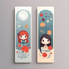 Two bookmarks with cute girls and flowers on grey background. Vector illustration.