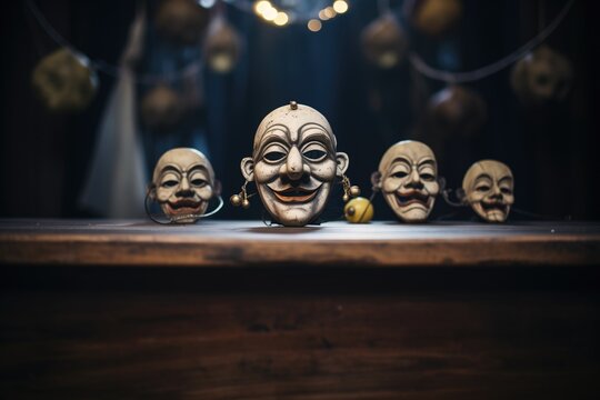 antique theatre masks lying on a table surrounded by darkness