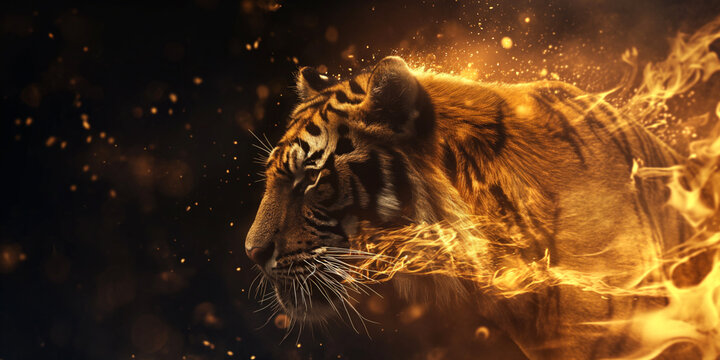 Fantasy flaming tiger - profile side view - Fire striped tiger banner panoramic stile with space for text. copy space. Unique creative epic fantasy concept art of a tiger walking through the fire