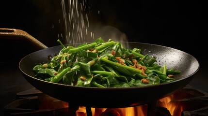 Cooking spicy stir-fried kangkong water convolvulus in hot pan