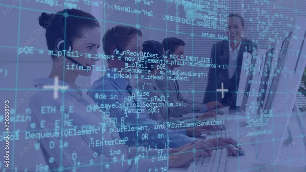 Poster animation of data processing over diverse colleagues using phone headsets and computers