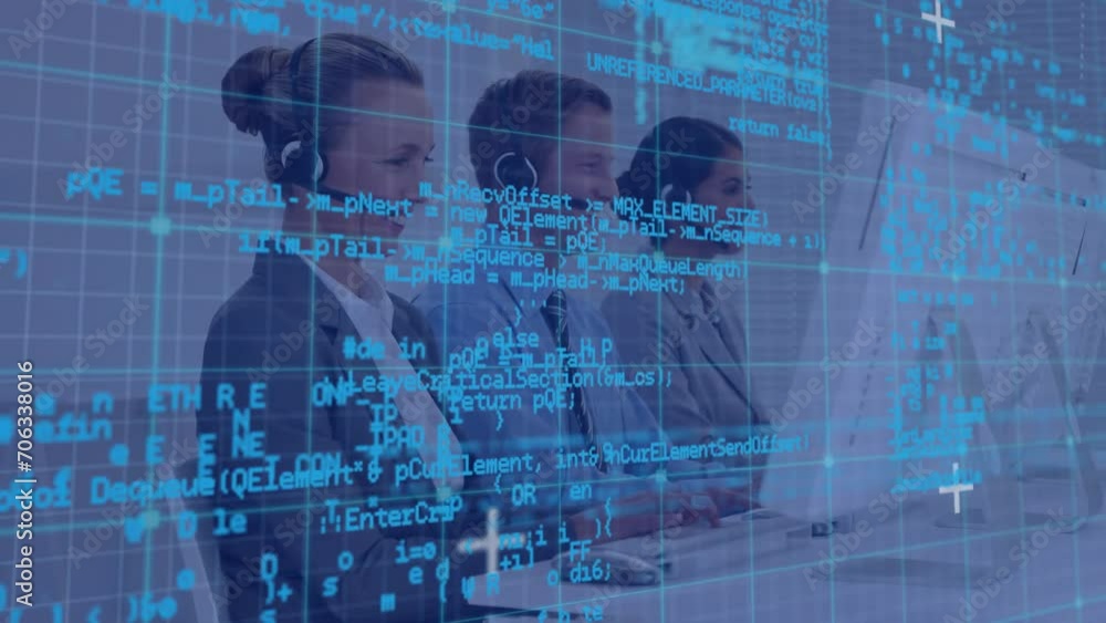 Poster animation of data processing over diverse colleagues using phone headsets and computers