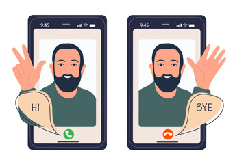 Happy Businessman on the screen smartphone with answer and decline buttons on screen. Hi and Bye bubbles on telephone display. Flat vector illustration isolated on white background