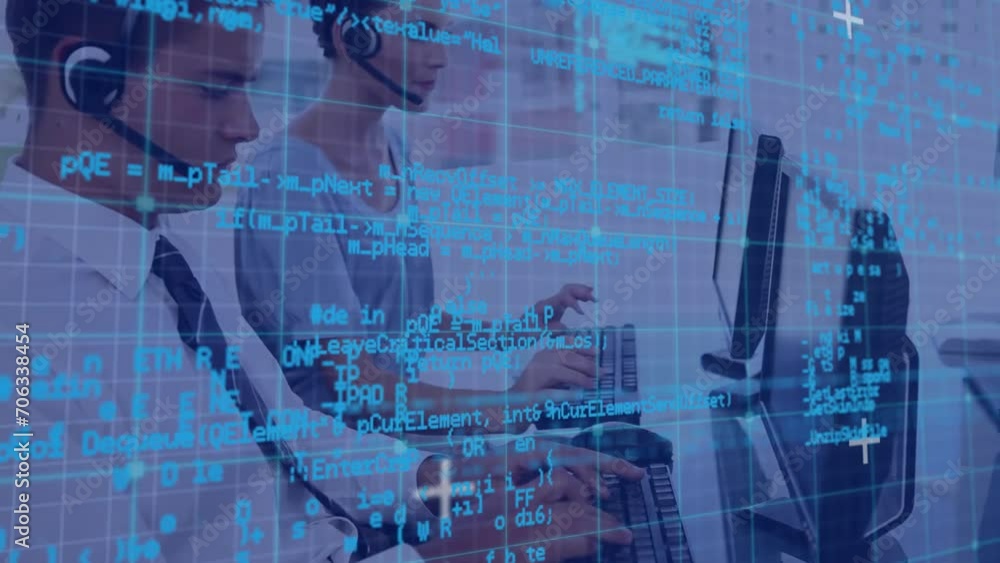 Poster Animation of data processing over diverse colleagues using phone headsets and computers