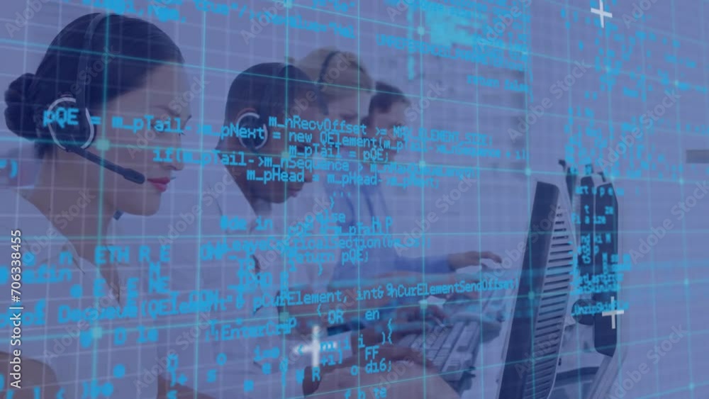 Poster animation of data processing over diverse colleagues using phone headsets and computers