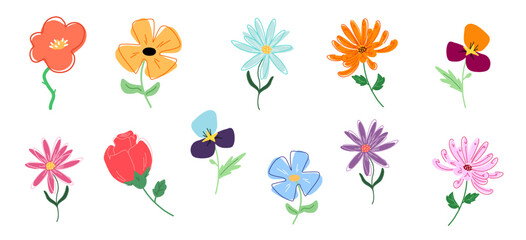 Fleurs minimalistes en aplats de couleurs. Fichiers vectoriel modifiable. Fleurs graphiques façon année 60-70. Fleurs variées et colorées, couleurs flashy. - obrazy, fototapety, plakaty