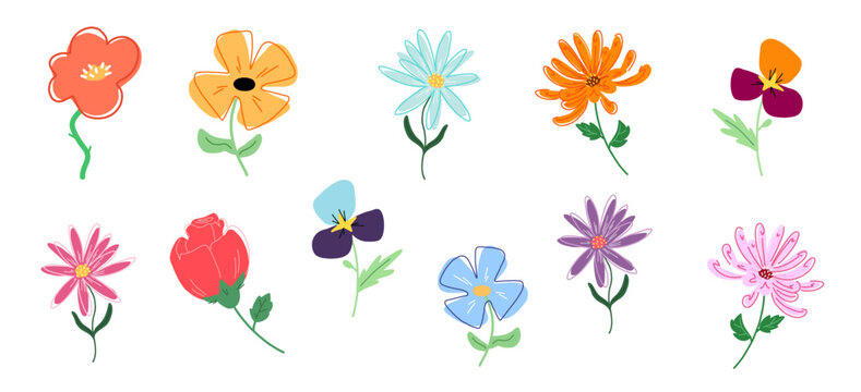Fleurs minimalistes en aplats de couleurs. Fichiers vectoriel modifiable. Fleurs graphiques fa&ccedil;on ann&eacute;e 60-70. Fleurs vari&eacute;es et color&eacute;es, couleurs flashy.