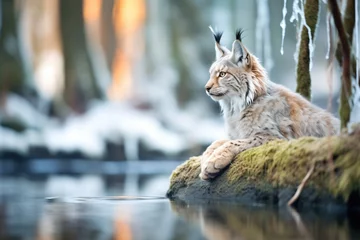 Gordijnen pensive lynx sitting by icy forest stream © Natalia