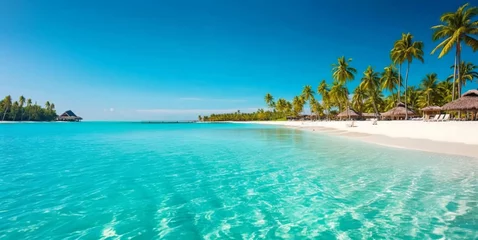 Poster Im Rahmen Luxury resort seascape with calm island beach with palms and blue ocean.Landscape.AI Generative. © DenisMArt