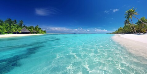 Fototapeta na wymiar Luxury resort seascape with calm island beach with palms and blue ocean.Landscape.AI Generative.