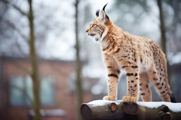 Crédence de cuisine en verre imprimé Lynx majestic lynx standing atop snow-laden pine