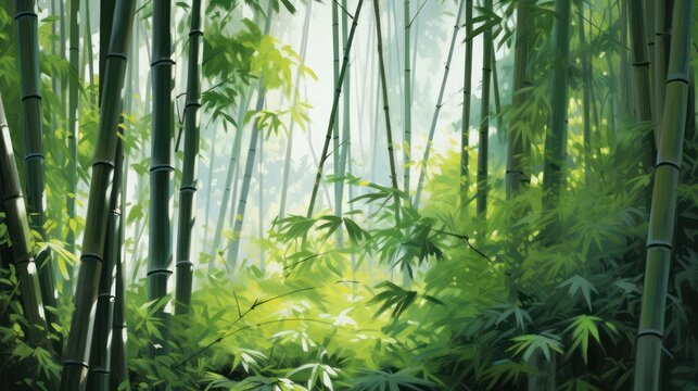 Illustration tropical bamboo forest lush green leaf sun rays morning.