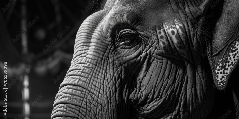 Poster a black and white close-up photo of an elephant's face. suitable for various uses