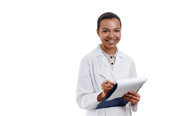 Waist up shot of cheerful young African American scientist holding pen and clipboard while looking...