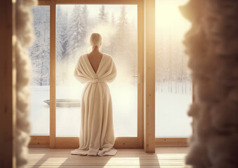 Beautiful woman wearing white bathrobe standing in winter sauna and large window with snowy forest view.Macro.AI Generative.
