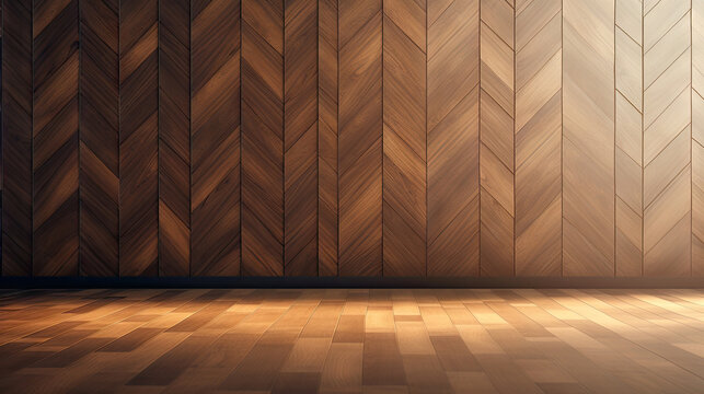Fototapeta empty room with brown wood parquet wall , wooden floor and spotlight, A bright brown wood parquet room with a warm wooden floor and modern interior