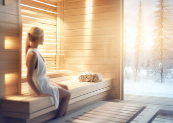 Beautiful woman in modern winter spa looking through large window with snowy forest view.Macro.AI...