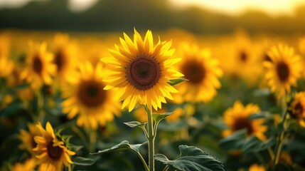 Fototapeta premium A field of sunflowers with the sun setting in the background.