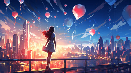 Young woman holding glowing balloon - obrazy, fototapety, plakaty
