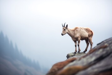 Naklejka na ściany i meble mountain goat standing near cliffs edge with fog below