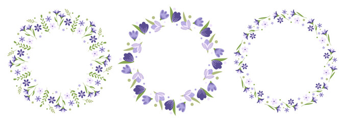 Naklejka na ściany i meble Spring set of decorative round frames with flowers. Floral wreaths. Design elements for greeting card, invitation, sale, advertising, poster, scrapbooking. Vector illustration.