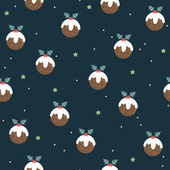 Cute hand drawn Christmas pudding seamless vector pattern. Fun background for wrapping paper, textile, fabric, wallpaper, gift, packaging, apparel.
