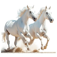 White Antigravity Camargue Horses Running, White Background, Illustrations Images